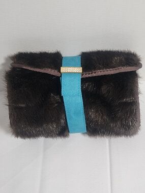 Stephanie Johnson faux fur rhinestone makeup roll-up travel case bag.